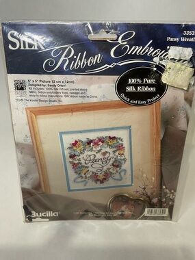 Vtg1995 Bucilla Silk RIbbon Embroidery Kit Heart Pansy Wreath Quick & Easy 5"x5”